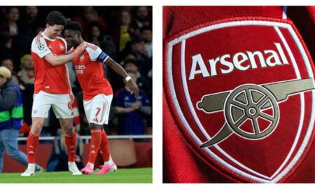 Rice, Saka, and Arsenal logo