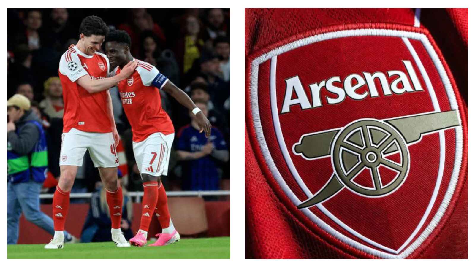 Rice, Saka, and Arsenal logo