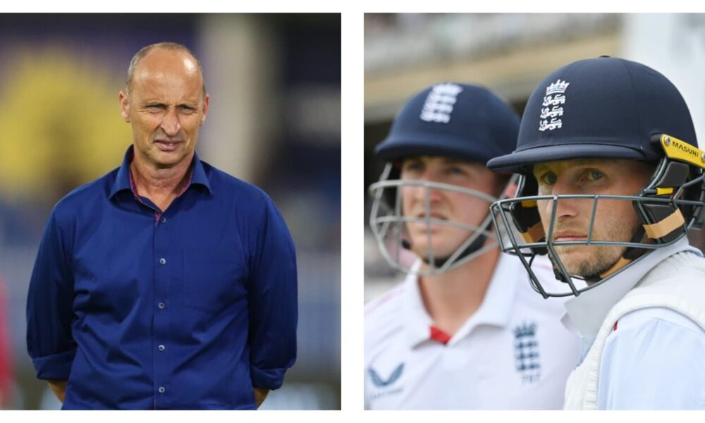 Former England captain Nasser Hussain and Harry Brook with Joe Root