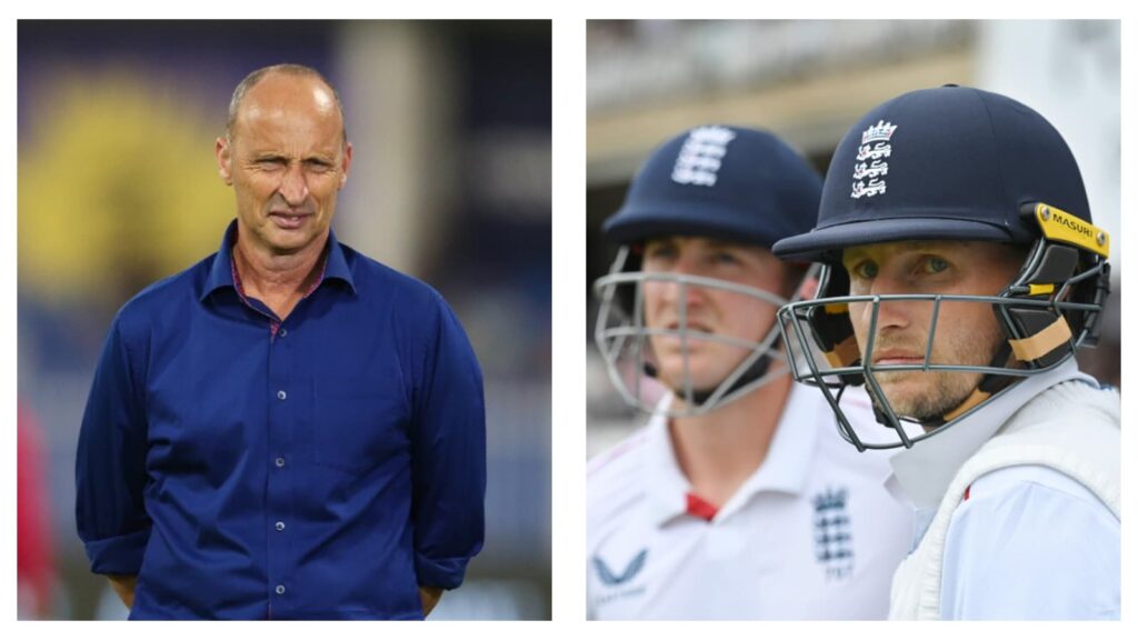 Former England captain Nasser Hussain and Harry Brook with Joe Root