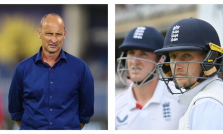 Former England captain Nasser Hussain and Harry Brook with Joe Root
